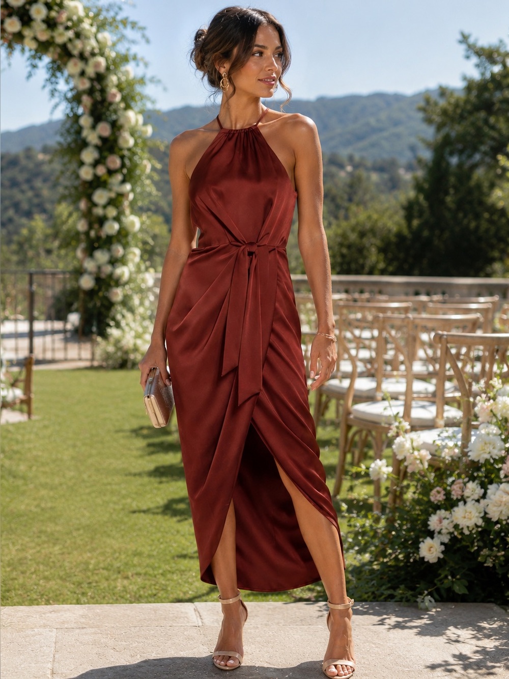 NEW Shona Joy Women’s Luxe Tie Front Sleeveless Midi Sangria Halter Dress Midi
